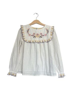 Mini Boden Gold Stripe Floral Embroidery Long Sleeve Shirt